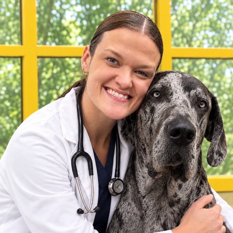 Dr. Jennifer Pierce - female veterinarian posing with a black and gray great dane