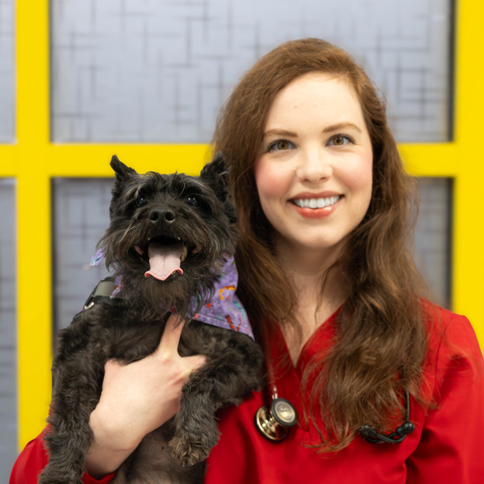 Dr. Resa Mcclellan Dr. Mcclellan smiling in red and holding black dog